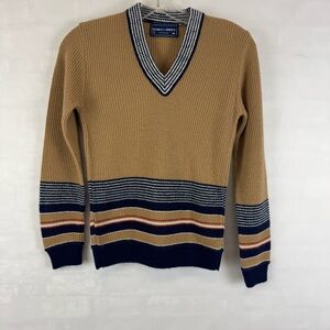 Robert‎ Bruce Vintage USA Union Knit Sweater Tan Blue Striped V Neck Pullover S